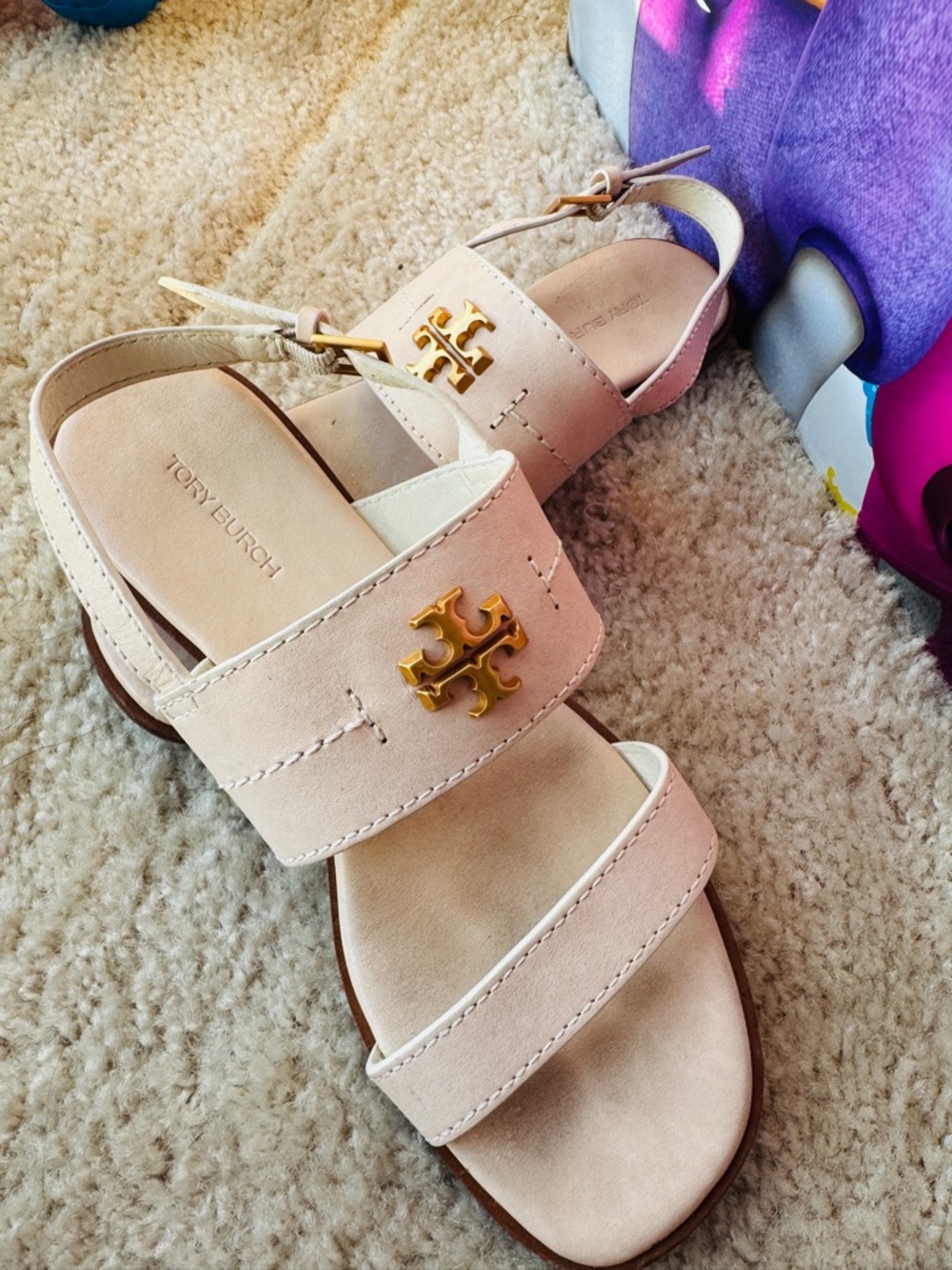 Tory Burch Blush Leather Double-Strap Sandals with Gold Logo - Picture 2 of 3